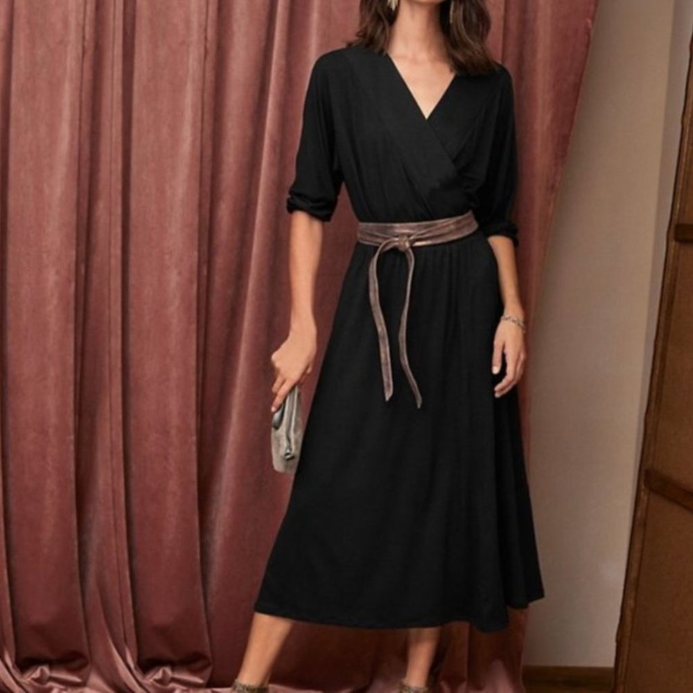 Garnet Hill Batwing Faux Wrap Knit Midi Dress Black Sz M Medium - Picture 1 of 12